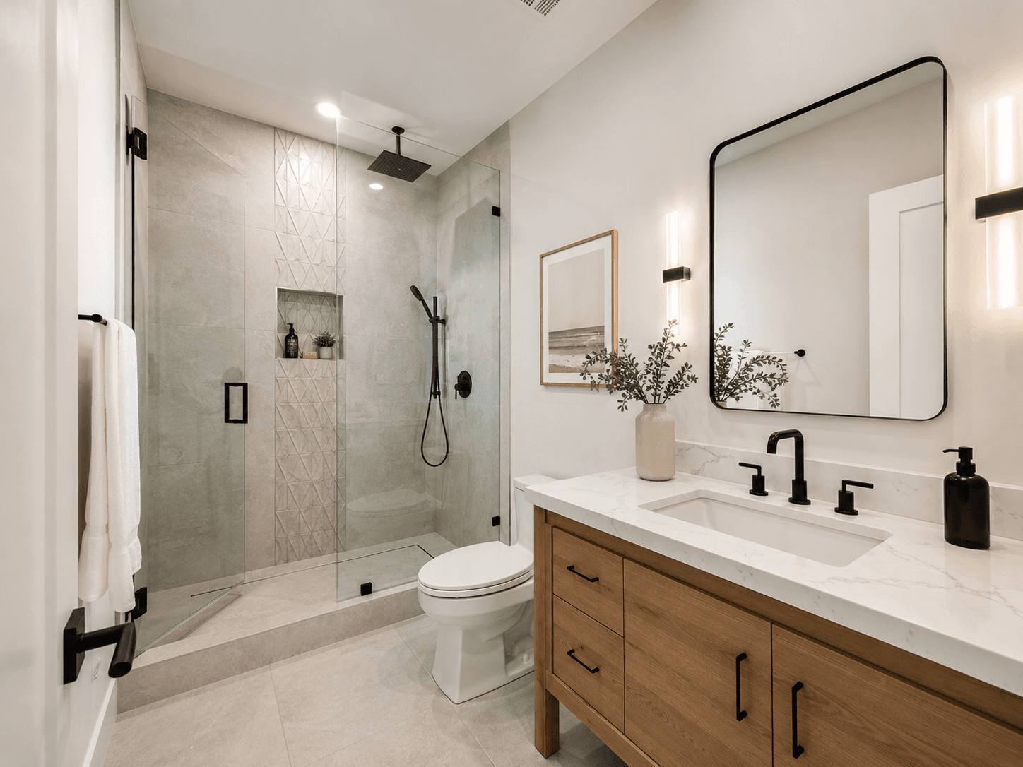 Completed bathroom — walk-in glass shower, wood vanity, black fixtures