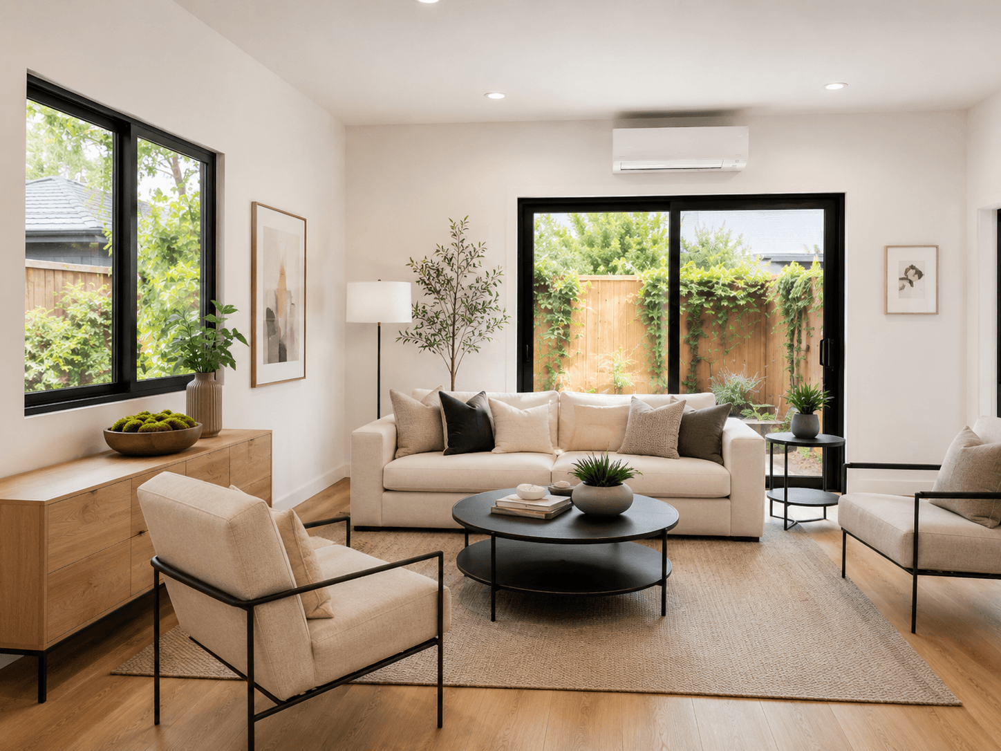 Completed living room — white sofa, black window frames, sliding glass door