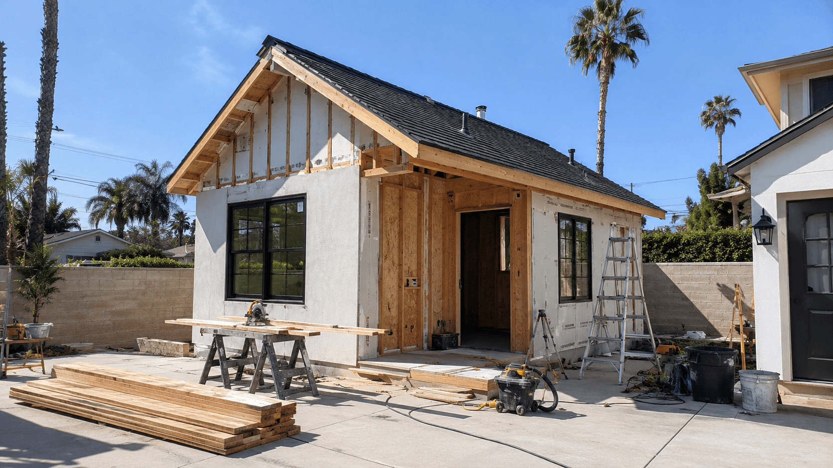 White stucco · Black window package