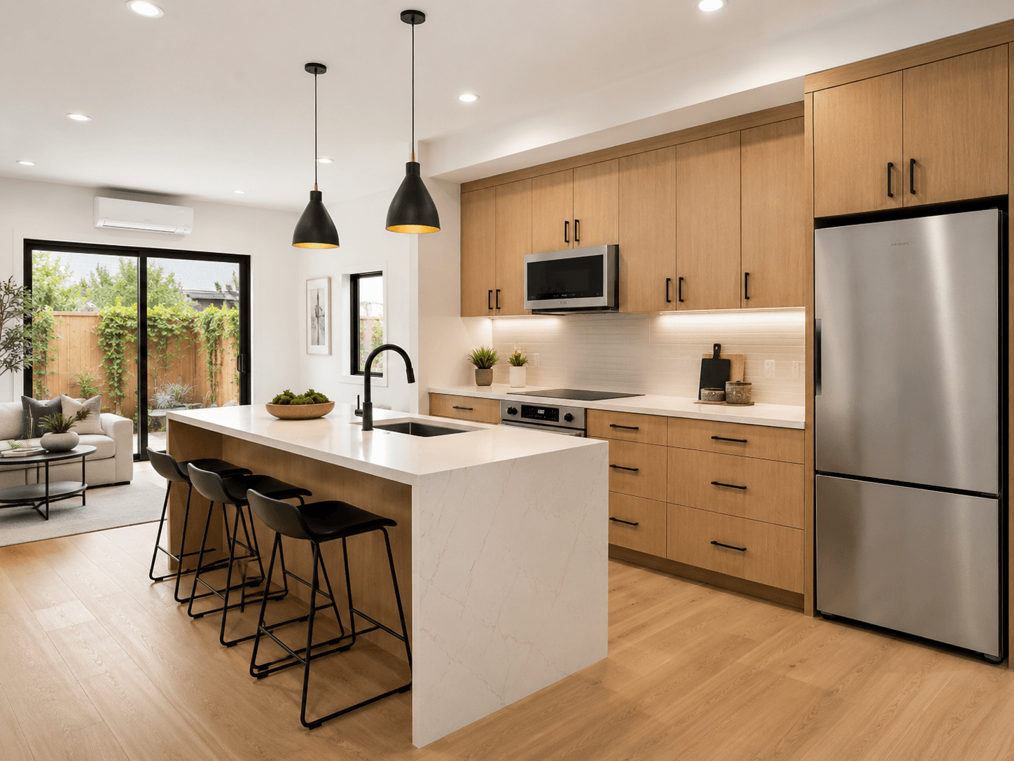 Completed kitchen — wood cabinetry, island with bar stools