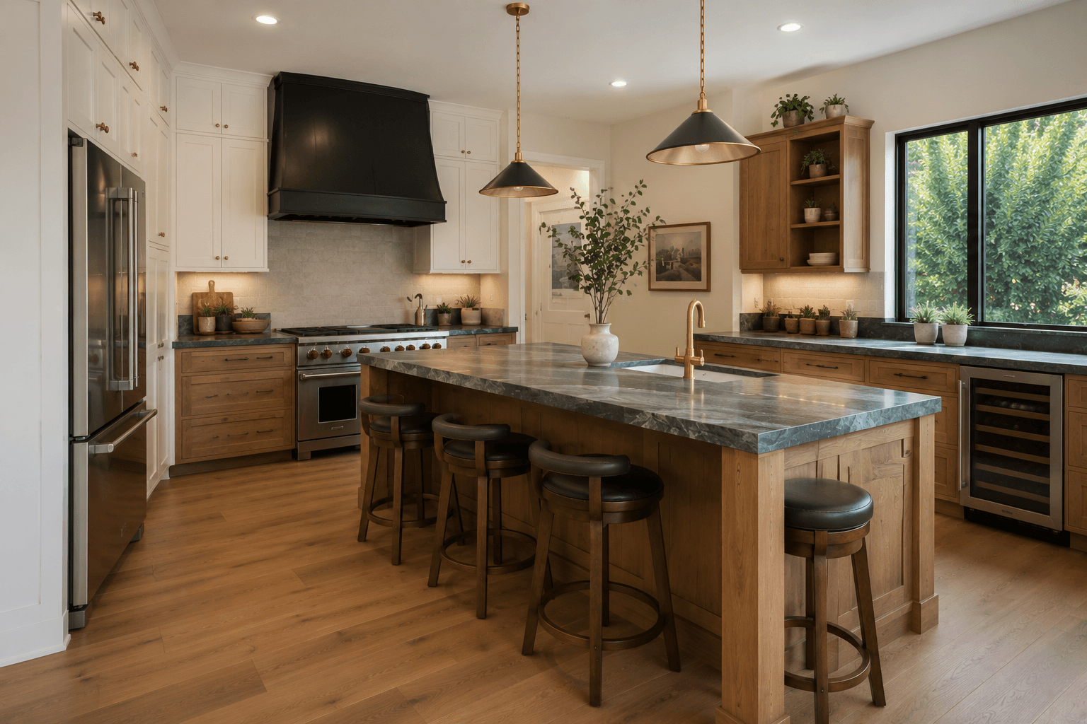 Completed kitchen — large island with marble top and gold pendants