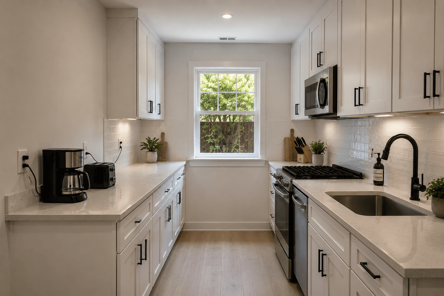 Completed kitchen — white cabinets, quartz countertops, black fixtures