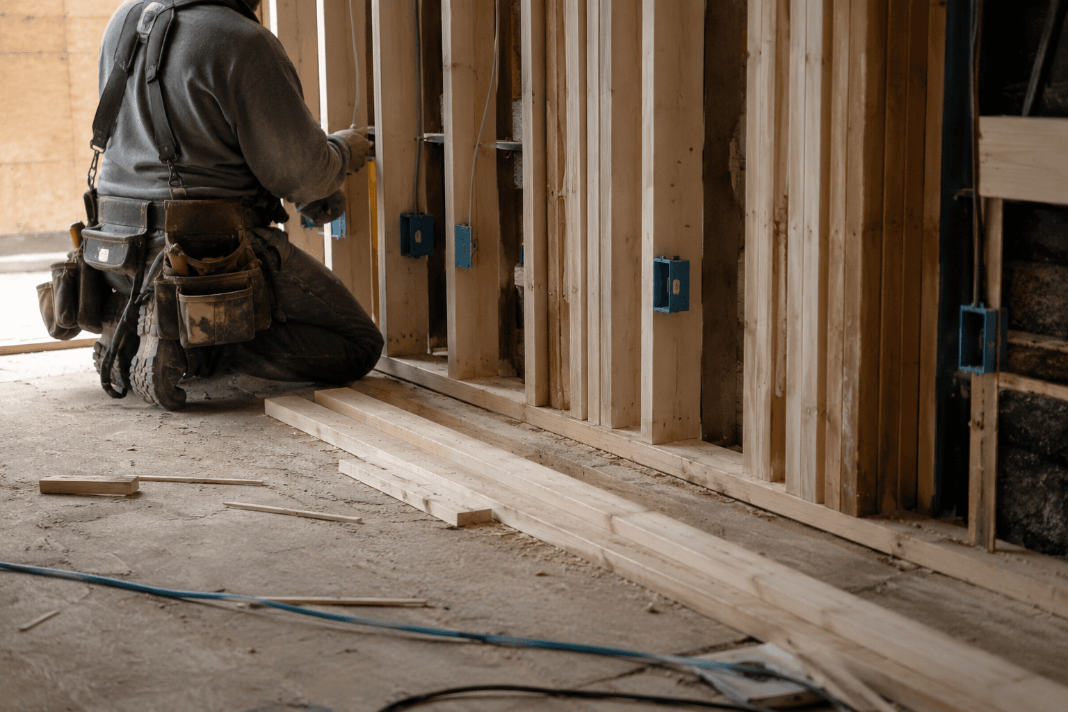 Worker installing wall studs