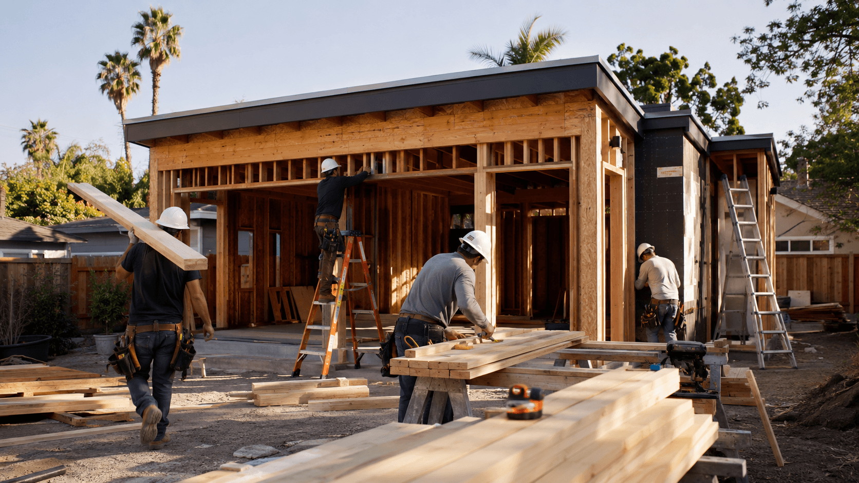 Crew framing an ADU exterior