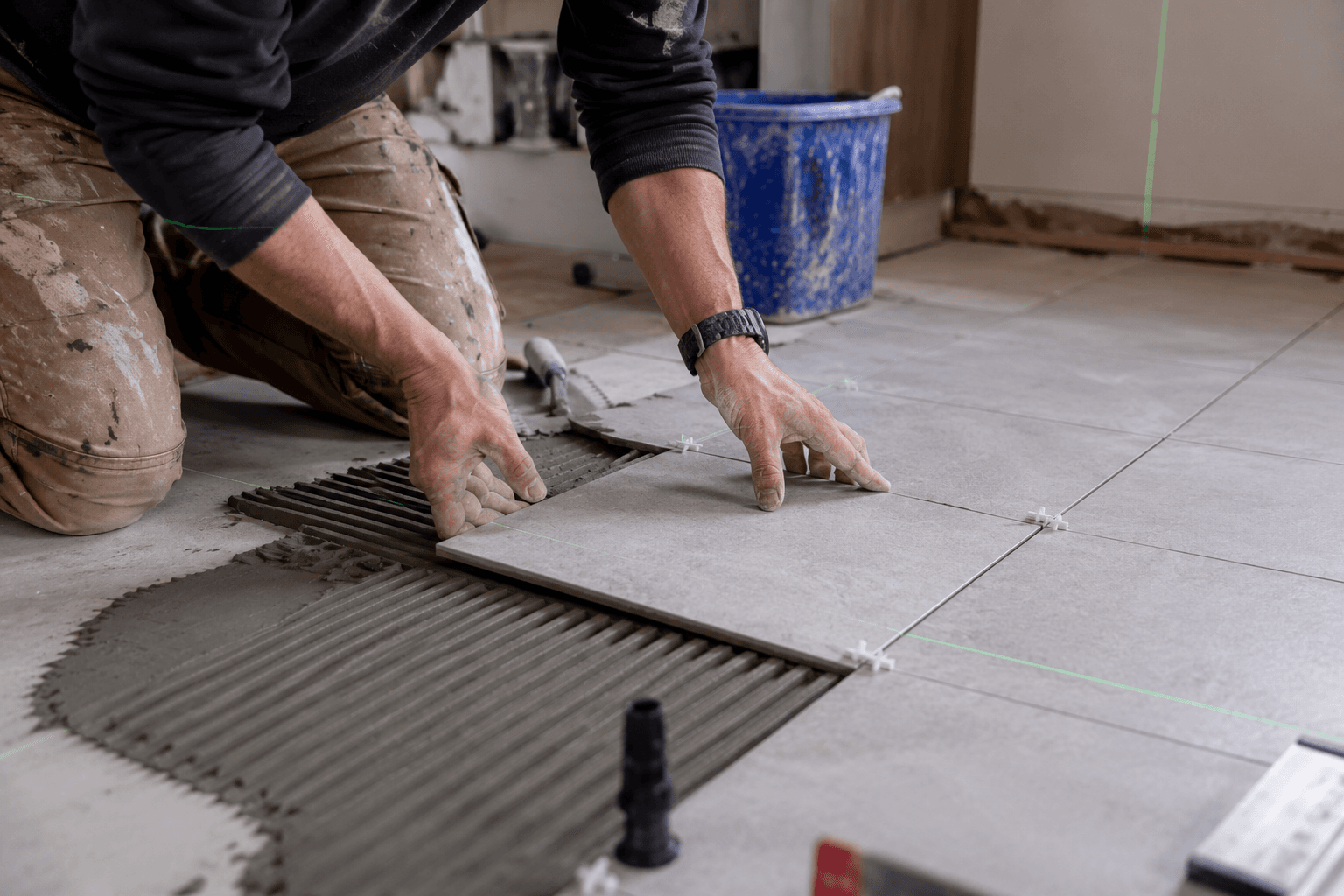 Tile installer laying large format floor tiles